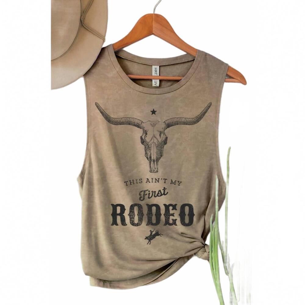 NEW HRT & LUV women's my first rodeo tank top in mineral taupe
